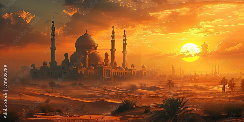 Desert Mirage Ramadan: A captivating scene of a desert mirage, with an oasis and a mosque appearing as a vision of hope and faith in the vast desert, with Mirage of Ramadan in mystical script - obrazy, fototapety, plakaty 