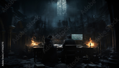 photoshop template night night land, dark living room two people working on laptop with dark scene