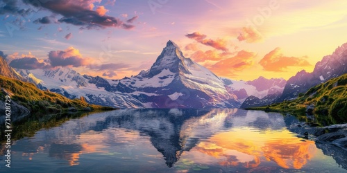 A majestic mountain landscape at sunset, snow-capped peaks, a crystal-clear lake reflecting the vibrant sky, serene nature. Resplendent. © Summit Art Creations