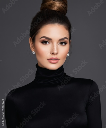 Beautiful elegant woman in black turtleneck on a gray background