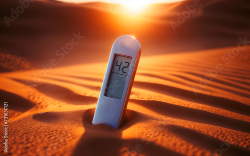 A thermometer is in the desert sand with a sun in the background.