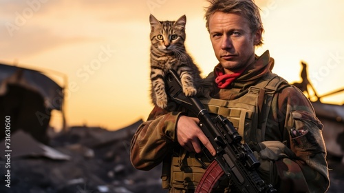 Portrait of a military man with a gun holding a kitten