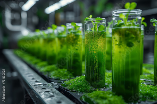 Microalgae cultivation for biofuel production, showcasing sustainable solutions in biotechnology. Concept of renewable energy. Generative Ai. photo