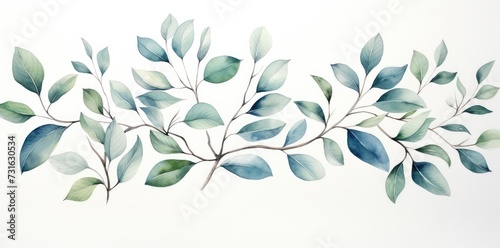 Serenity in Watercolor: Elegant Green Leaves on Minimalist Background - Generative AI