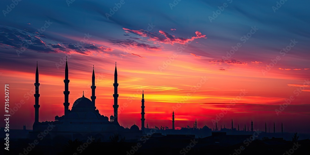Illuminated Minaret Silhouettes: The striking silhouette of minarets against a dusk or dawn sky, illuminated by the first or last light of the day, with Illuminated Ramadan in contrasted