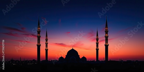 Illuminated Minaret Silhouettes: The striking silhouette of minarets against a dusk or dawn sky, illuminated by the first or last light of the day, with Illuminated Ramadan in contrasted photo