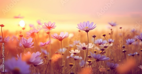 Serene Meadow of Pastel Flowers at Sunset - A Calming Nature Scene Generative AI