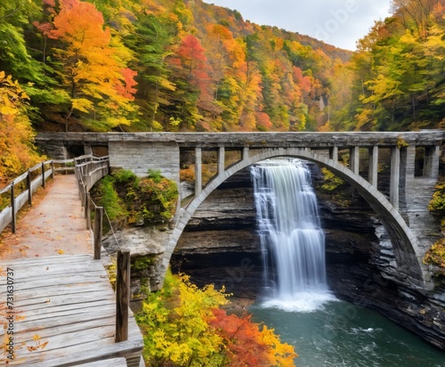 a stone bridge and waterfalls 
