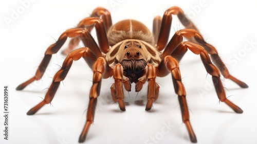 A detailed and close-up view of a tarantula spider, expertly isolated against a clean white background 