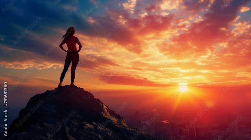 Fototapeta premium Silhouette of a Woman on Mountain Peak at Sunset. Generative ai