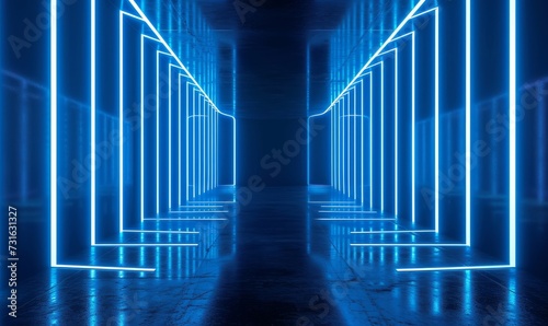 3d render  abstract background with blue neon lines glowing in the dark  empty virtual space with floor reflections  Generative AI