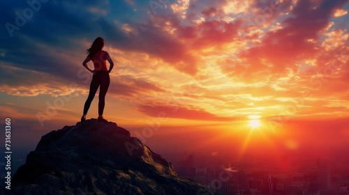 Silhouette of a Woman on Mountain Peak at Sunset. Generative ai