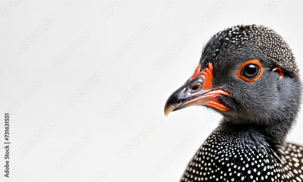 A portrait of a French pearl Guinea fowl baby on a white background