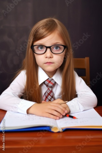 little school girl ready for math test, education or learning in class at university