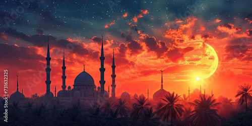 Ramadan Call to Prayer: An evocative design capturing the moment of the call to prayer at sunset, with minarets against a glowing sky, embodying the spiritual call of Ramadan Call Prayer - Ramadan photo