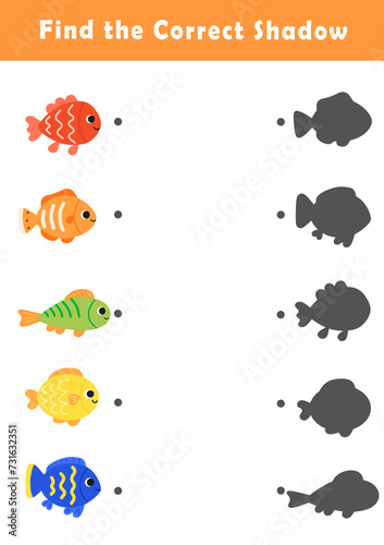 Shadow matching game for kids. Educational game for children. Find the right shadow of cute fish illustration.	