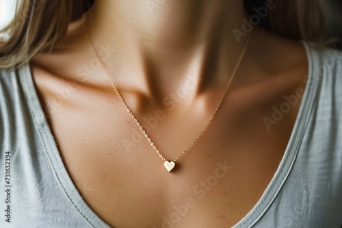 Elegant Gold Heart Necklace on Woman's Neck. Generative ai