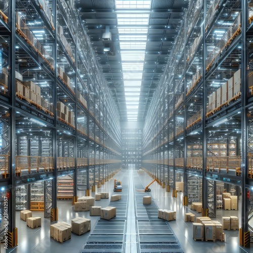 High-tech warehouse with a high level of electronics, equipped to store and sort goods