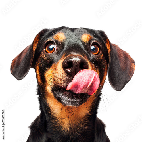 Hungry dog is licking lips face portrait Isolated on transparent background, PNG