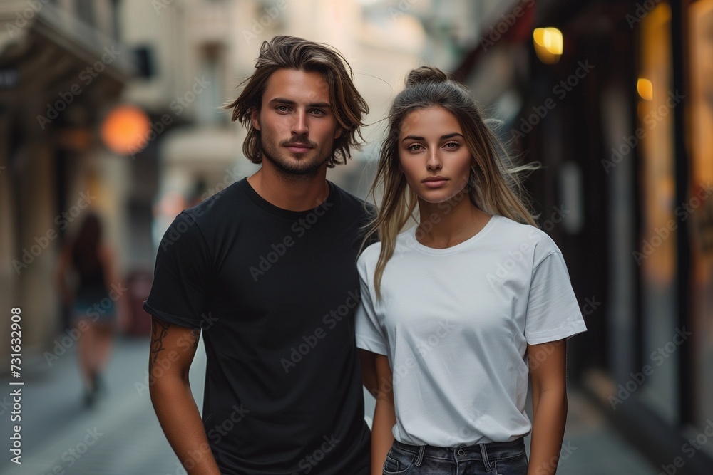 Man and woman wearing blank white and black t-shirt