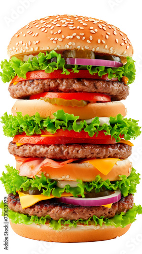 Extreme high huge hamburger Isolated on transparent background, PNG
