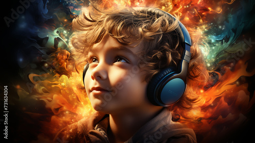 Cute little girl listening to music in headphones on bright background. © alexkich