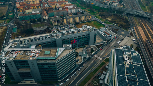 Office buildings top view. Aerial Photography Santa Giulia, Milan, Italy 3.01.2023 residential area on the south-eastern outskirts of Milan, between the districts of Rogoredo and Talledo © Andrew