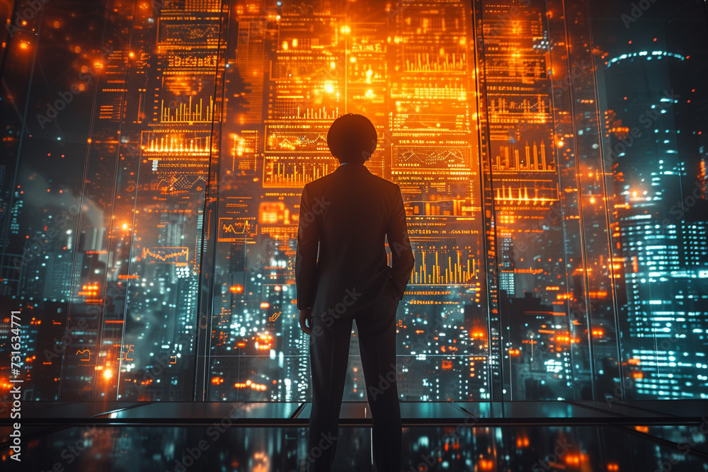 Businessman standing on top of tall building looking down at city lights Businessman standing on top of tall building looking down at city lights