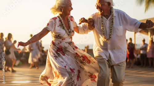 Happy senior man and woman old retired couple walking and holding hands on a beach at sunset, s3niorlife