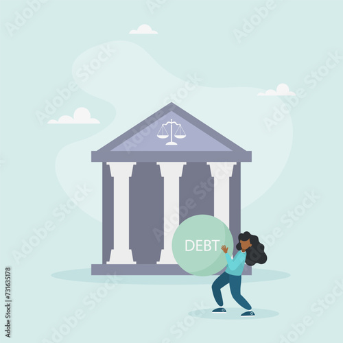 Bank collection agency. Debt collection. A tiny man who doesn't pay his bills. Financial problems, debts and loans. Flat cartoon style. Vector illustration.
