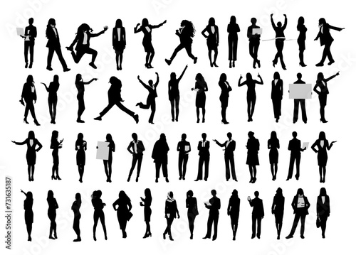 Black Silhouettes of diverse business women, standing, walking, running, using laptop, phone, holding blank placard, banner. Vector monochrome illustrations isolated on transparent background.