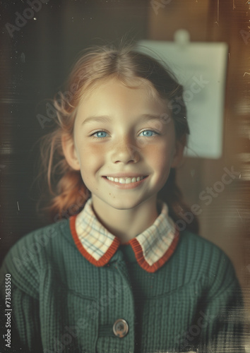 blond school girl wearing cardigan vintage faded old photo with scratches