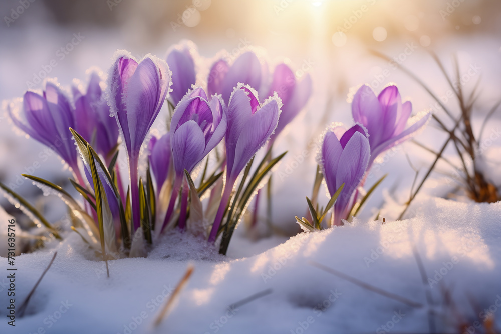 spring crocus flowers in snow