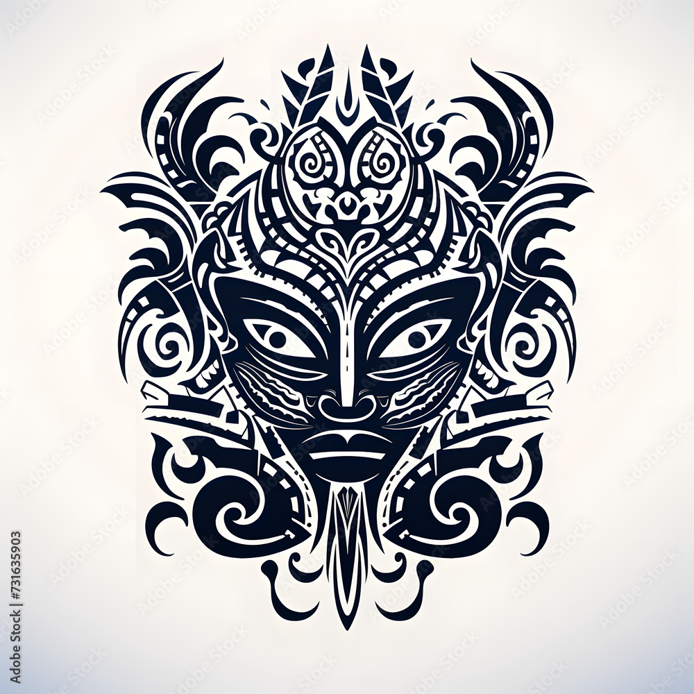 black tribal tattoo design resembling a mask or face with intricate patterns and details.