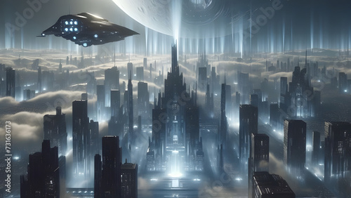 Moonlit Metropolis: Futuristic Cityscape with Shadows and Spaceship in Enigmatic Sci-Fi Night
