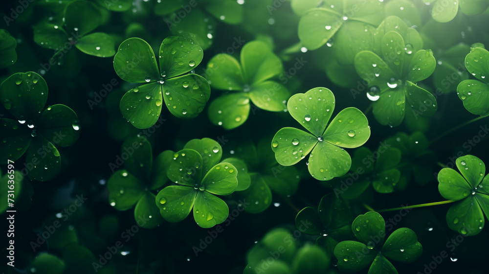 Rich green clover lawn, top view of shamrock symbol of good luck. Natural floral texture with a pattern of green leaves on a flower bed. The background image is green. St. Patrick's Day Rich green clover lawn, top view of shamrock symbol of good luck. Natural floral texture with a pattern of green leaves on a flower bed. The background image is green. St. Patrick's Day