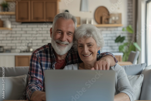 Happy senior couple having a video call on a laptop at home. Mature couple having a virtual meeting