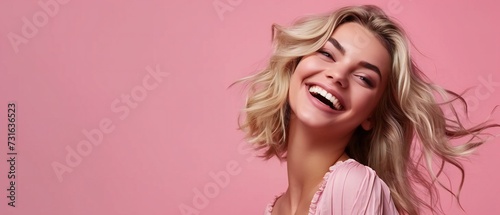 Banner with blond hair smiling woman on pink background with copy space