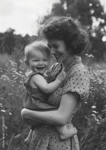 mother holding laughing baby in garden, vintage black and white photo, old and faded 