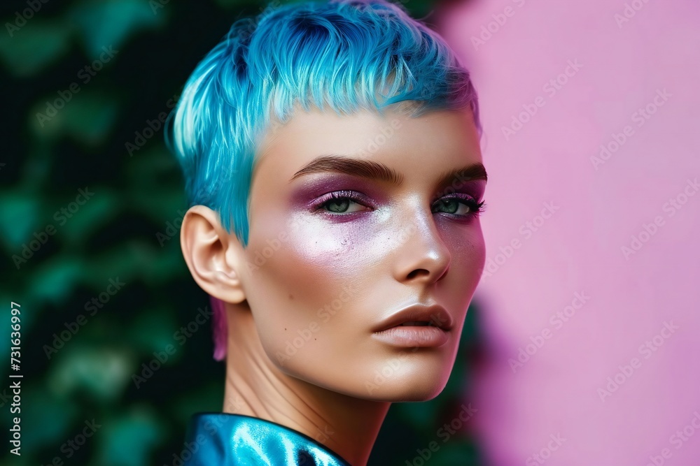 Trendy female model with vibrant purple hair. Trendy female model with vibrant purple hair.