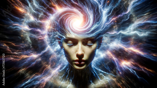 Infinite Connections of the Human Mind: The Nexus of Self-Realization and Radiant Illumination in a Woman's Journey Through the Vortex of Understanding and Consciousness.