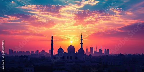 Iftar Skyline Silhouette: An urban skyline at sunset, silhouetted against a glowing sky, capturing the moment of breaking the fast (Iftar) across the city, titled Iftar Skyline Silhouette in tranquil
