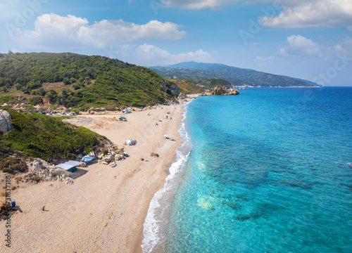 Fototapeta Naklejka Na Ścianę i Meble -  Aerial view of the beautiful beach of Melani, Mount Pelion, Greece, with turquoise sea and fine, golden sand