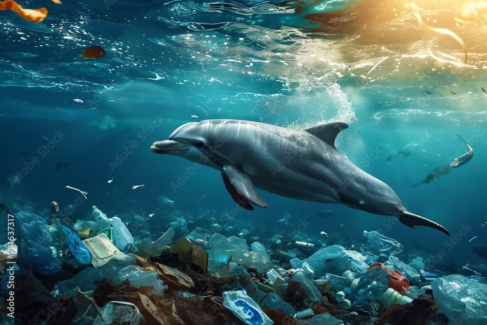 Obraz premium Dolphin swimming gracefully around the trashy ocean.
