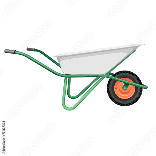 Vintage garden single wheel wheelbarrow with two handles, pneumatic tire and grey aluminum body side view isolated on white vector illustration