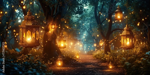 Ramadan Lanterns in the Forest: A mystical forest scene illuminated by traditional Ramadan lanterns,   Forest Lanterns - Ramadan © SurfacePatterns