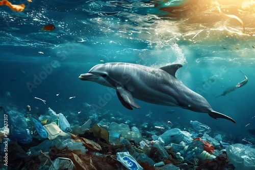 Dolphin swimming gracefully around the trashy ocean.