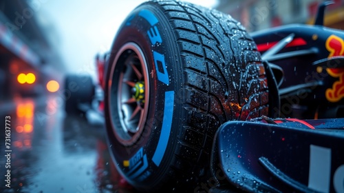 Formula 1 car close up of the front tire - Generative AI photo