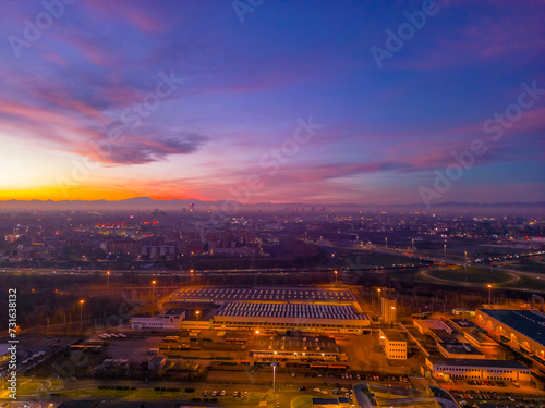 San Donato Milanese City in Italy with beautiful Sunset . Cityscape from drone. Italy  Lombardy  Milan  San Donato Milanese