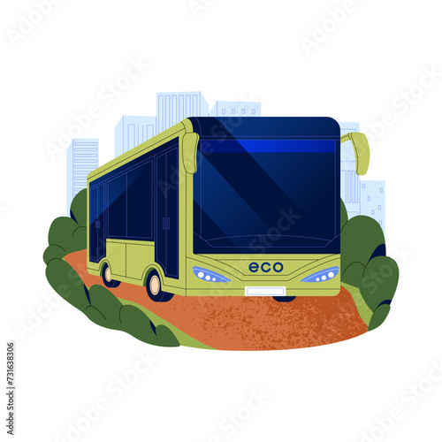 Eco bus with hydrogen motor. Electric public transport on green energy. Sustainable city vehicle. Ecologic clean transportation. Ecology concept. Flat isolated vector illustration on white background